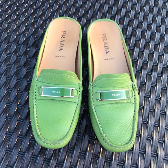 Prada Shoes - Green Leather Prada Slip On Loafers Euro Size 36.5